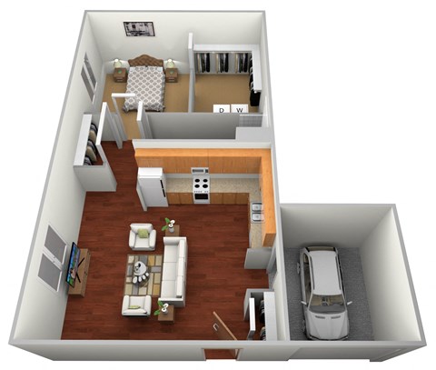Floor plan for 1 bed, 1 bath, 766 sqft